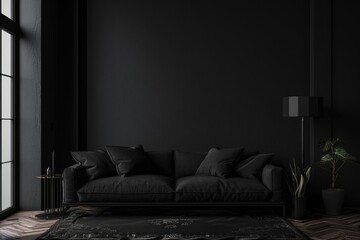 Interior Design Black. Dark Living Room Interior with Empty Black Wall and Copy Space