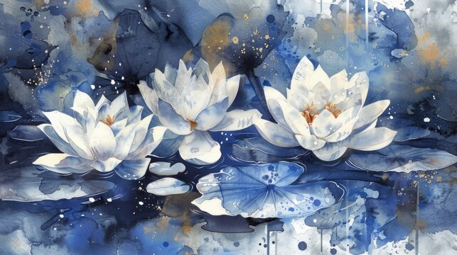 White Flower Illustration. Abstract Blue and White Floral Watercolor Painting with Water Lilies in Botanic Print Background