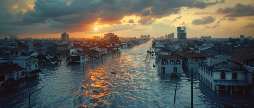 Rising sea levels engulf coastal communities, leaving behind a hauntingly beautiful yet tragic backdrop of submerged cities.