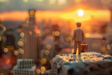 businessman standing on a cliff watching the sunset over the city