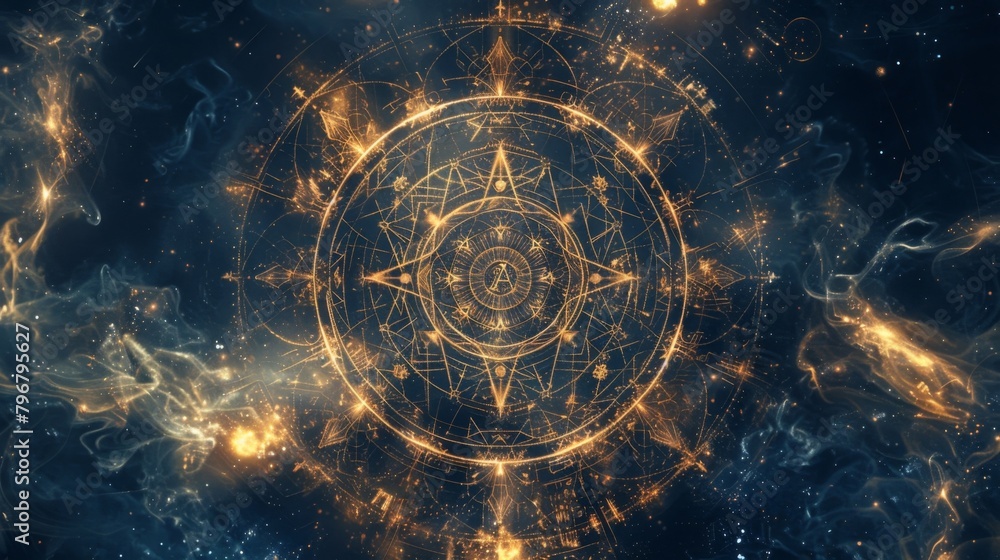 Poster an intricate mandala made up of alchemical symbols and sigils representing the interconnectedness of