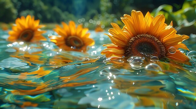 Create a painting of sunflowers submerged in a crystal-clear lake. Show how the heavy heads of the sunflowers dip below the water surface, with their bright yellow petals spreading out