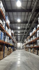 Fototapeta premium Warehouse industrial and logistics companies. Commercial warehouse. Huge distribution warehouse with high shelves. Low angle view.