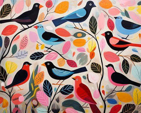 Stylized vibrant birds gather, high contrast, flat midcentury modern style ,  rich vivid color palette