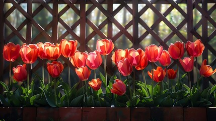 Create a painting of tulips under afternoon light, with beams filtering through a lattice above, creating a patterned shadow effect on the bright petals