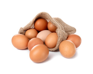 Fresh chicken eggs in burlap sack isolated on white