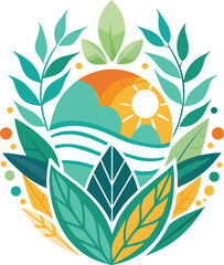 ecology emblem with leafs and sun isolated icon vector illustration design