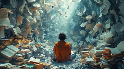woman in a room full of books. a metaphor for escaping from everyday life into fiction