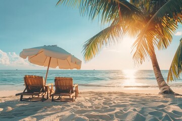 Beautiful beach. Chairs on the sandy beach near the sea. Summer holiday and vacation concept for tourism. Inspirational tropical landscape. generative ai.