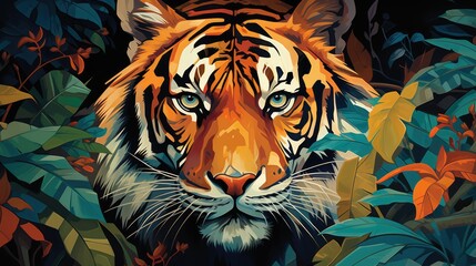 A portrait stylized and dynamic illustration depicting a fierce and majestic tiger in its natural habitat, AI Generative - obrazy, fototapety, plakaty