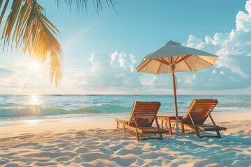 Beautiful beach. Chairs on the sandy beach near the sea. Summer holiday and vacation concept for tourism. Inspirational tropical landscape. generative ai.