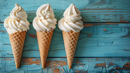 Three ice cream cones on blue wooden vintage background