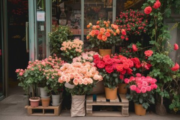 Fototapeta na wymiar Bunches of roses and plants in pots displaying in front of a flower shop architecture arrangement collection.