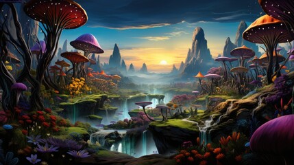 A photo surreal and dreamlike landscape filled with psychedelic elements. with a fantastical world with floating islands, swirling clouds, and vibrant flora, AI Generative