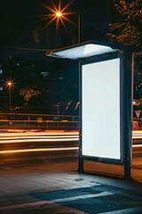 Empty banner for displaying text or images. Located at a bus stop in the evening cityscape.