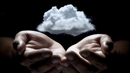 A pair of male hands grasp a glowing cloud, symbolizing the concept of storing digital data in cloud storage.