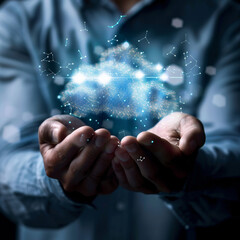Male hands hold a luminous cloud. Storing digital data in cloud storage concept.