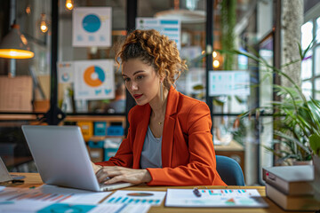 Fototapeta premium A woman in an orange jacket is working on a laptop in front of a wall of charts. She is focused on her work, possibly analyzing data or preparing a presentation. The room is well-lit