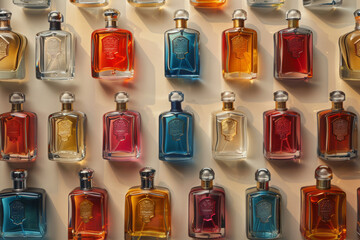 Multiple views wallpaper background made of many different glass perfume bottles, analytical drawing style.