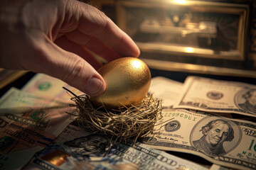 A hand is reaching for a gold egg on top of a pile of money. Concept of greed and desire for wealth