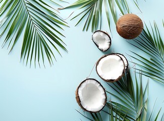 Minimal summer background with coconut and palm leaves on a pastel blue color flat lay top view copy space mockup stock photo contest winner in the style of various artists