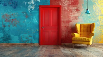 Door Colorful. Vintage Room with Vibrant Armchair in Retro Interior Design