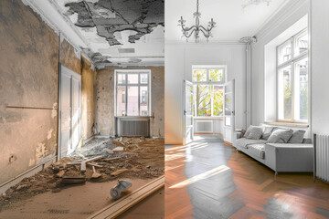 Before-and-after split-screen images illustrating the renovation concept, showcasing an old vintage apartment in a state of disrepair before and its transformation after refurbishment.