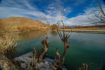 A wide-angle Landscape of Indus River flowing with dry bushes in the foreground and a tree and blue sky in the horizon