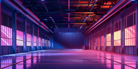 Illustration depicting a minimalist vector graphic of a large, well-lit hall or hangar with neon lighting.