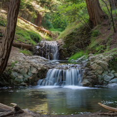 waterfall in the forest, Cascade waterfalls at Cataract Falls. Mount Tamalpais State Park, Marin County, California, USA. stock photo
