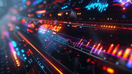 Obraz premium digital interface multicolored lights. Numerous lines, graphs, and numerical values displayed in bright neon colors against a dark background. Digital clock display in the center of the image
