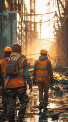 Three construction workers wearing orange vests walk down a street. The scene is set in a city with a lot of construction going on