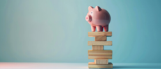 A pig is standing on top of a stack of books. The pig is pink and he is looking up at the viewer. Concept of playfulness and whimsy