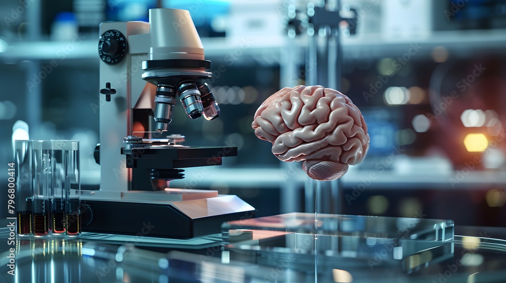 Poster 3d brain with ethical implications. operating in a university laboratory and emblem of educational a