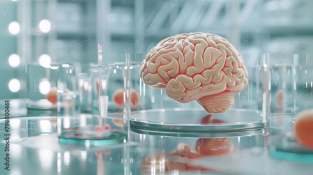 Poster 3d brain with ethical implications. operating in a university laboratory and emblem of educational a