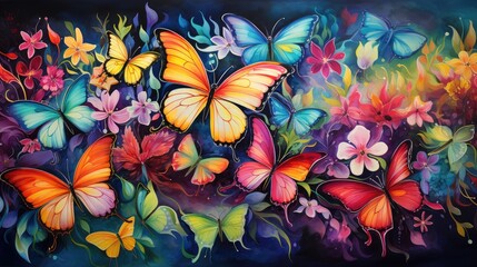 A vibrant and colorful watercolor artwork showcasing a variety of exotic butterflies in a lush tropical garden, AI Generative