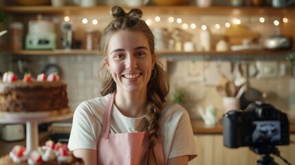 Smiling Woman Recording Cooking Vlog