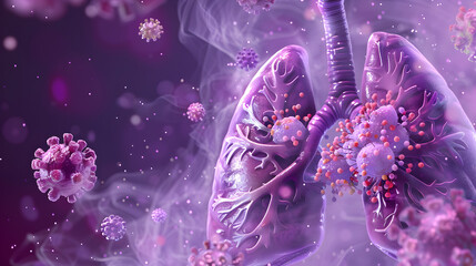 3D depiction of human lungs and macrophages with fungal spores illustration. vector concept for medical design on a purple background. 