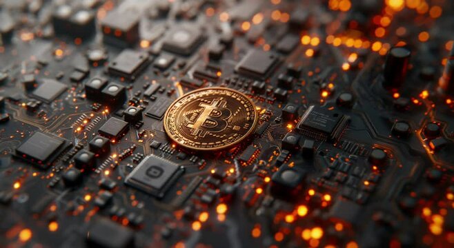 A Bitcoin coin on a computer CPU, symbolizing Bitcoin mining, cryptocurrency, and smart contracts. Animated 3D illustration