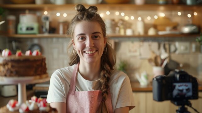 Smiling Woman Recording Cooking Vlog