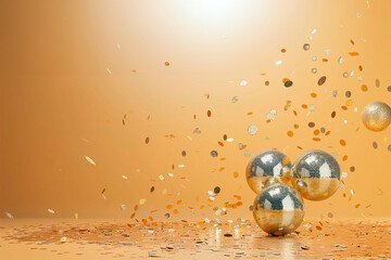banner, shinny disco balls with golden confetti, banner, web, design