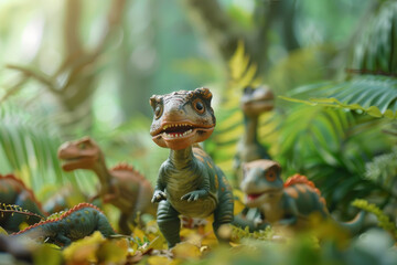 A group of realistic toy dinosaurs in a lush jungle setting