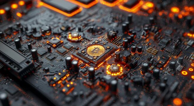 A Bitcoin coin on a computer CPU, symbolizing Bitcoin mining, cryptocurrency, and smart contracts. Animated 3D illustration