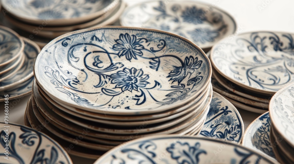 Aufkleber an elaborate set of dinner plates decorated with layers of slip trailing a technique that involves p