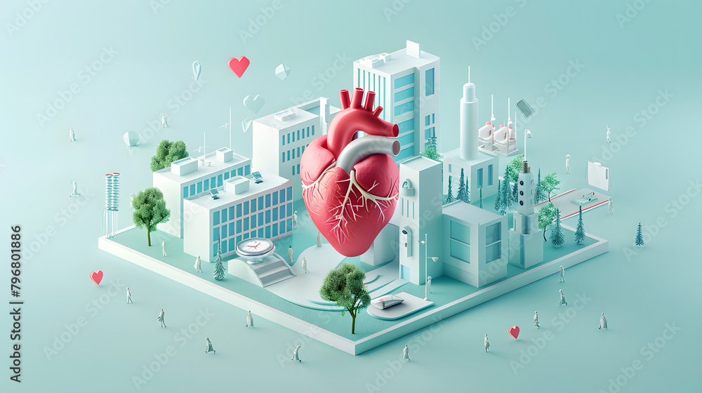 Poster 3d heart with social responsibility. performing various tasks in a hospital building and symbol of c
