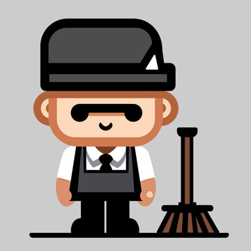 janitor in a shirt and tie with a broom. isolated