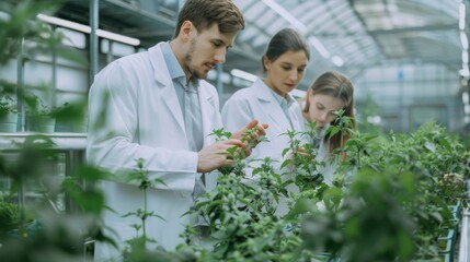 Scientists Examining Plants in Greenhouse