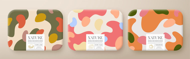 Obraz premium Fruit Bath Cosmetics Package Boxes Set. Vector Wrapped Paper Containers with Care Label Design Modern Typography and Hand Drawn Lime, Yuzu, Tangerine. Abstract Camo Background Pattern Layout. Isolated