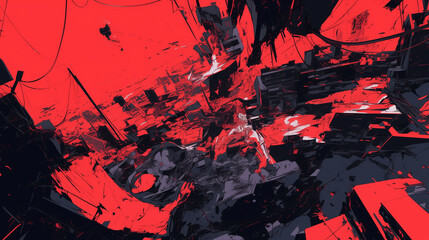 Horrorful and chaotic line paintings, in a dilapidated city park with a convenience store on the roadside, dark sky, black and red, black, abstract