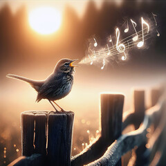 A bird is perched on a wood fence singing, with musical notes visually flowing from its open beak  - 796802439